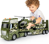 Green Military Big Truck Toys 25.6" Semi Truck Toy with Helicopters and Tank Army Toys with Lights & Sounds